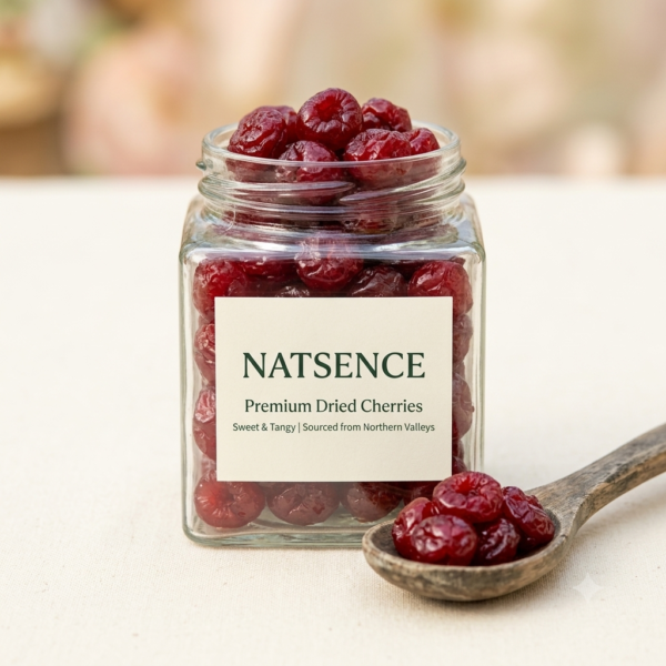 NATSENCE Premium Dried Cherries in a minimalist square glass jar with a rustic wooden scoop