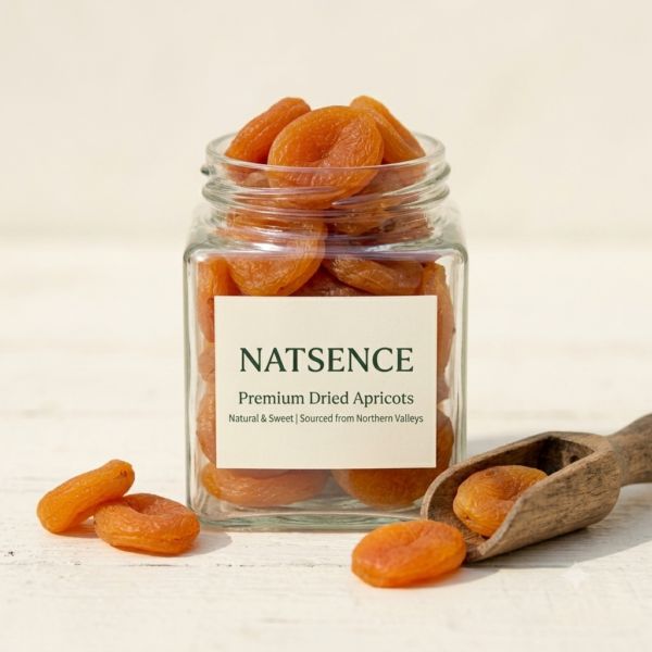 NATSENCE Premium Dried Apricots overflowing from a signature square glass jar on a soft cream background